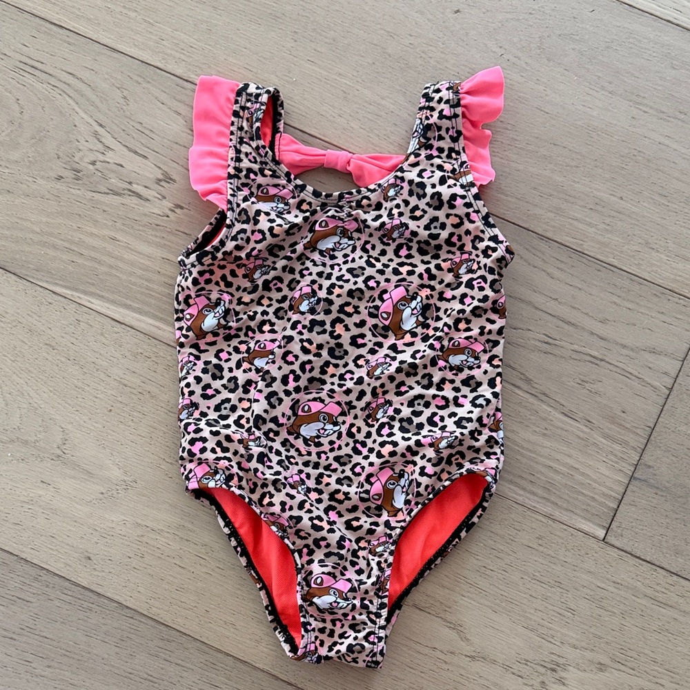 Buc-ees Girls' Pink Leopard Print Ruffle One-Piece Swimsuit